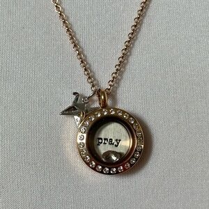 Origami Owl Rose Gold ‘Pray’ Crystal Locket Necklace Religious Origami Crane